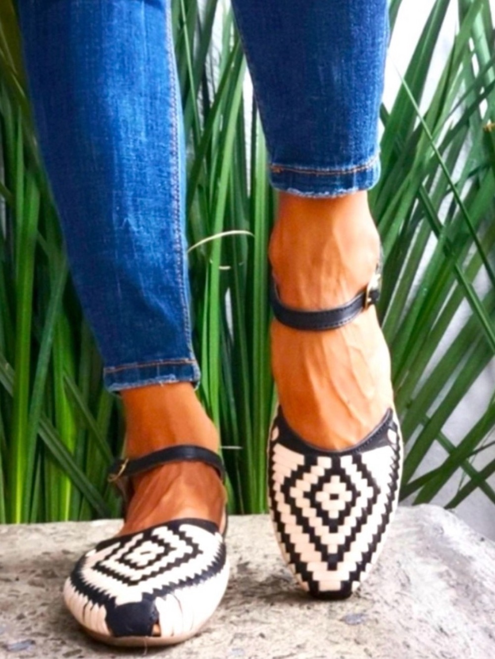 Woven Leather Black & White Hurrache Mary Jane Sandals